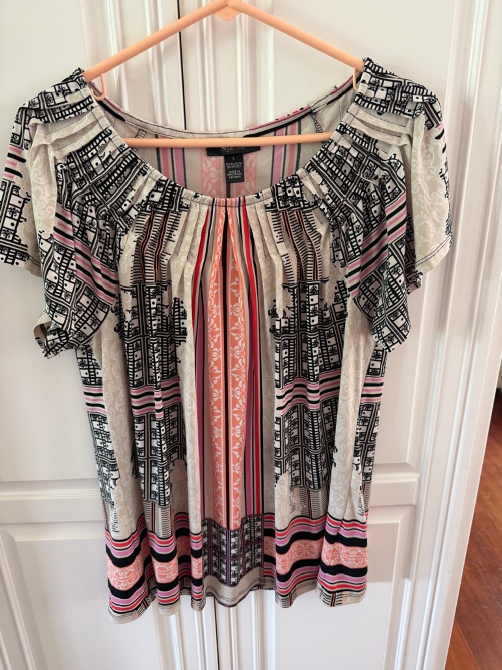 Style & Co. Short Sleeve Printed Tunic Top - Pink, Black, Cream, Tan